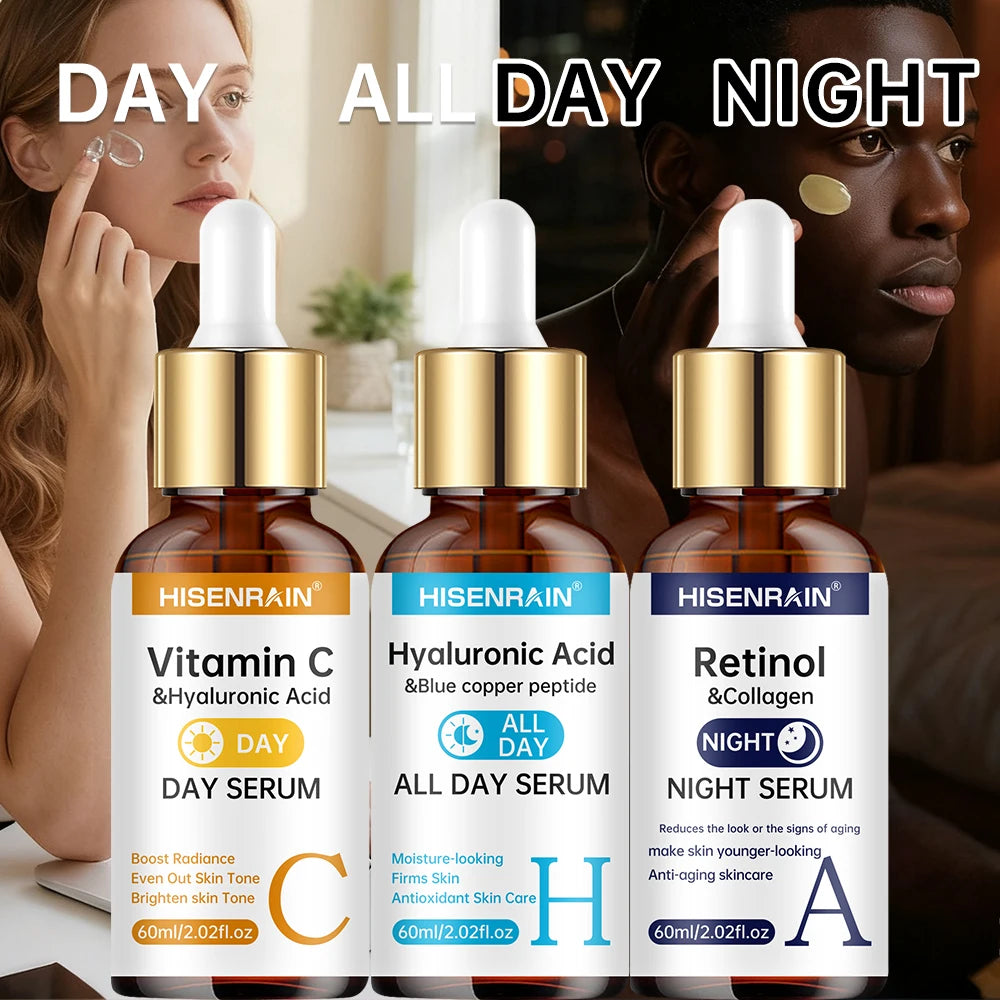 Three skincare serum bottles with labels for Day, All Day, and Night use, featuring models applying the products.