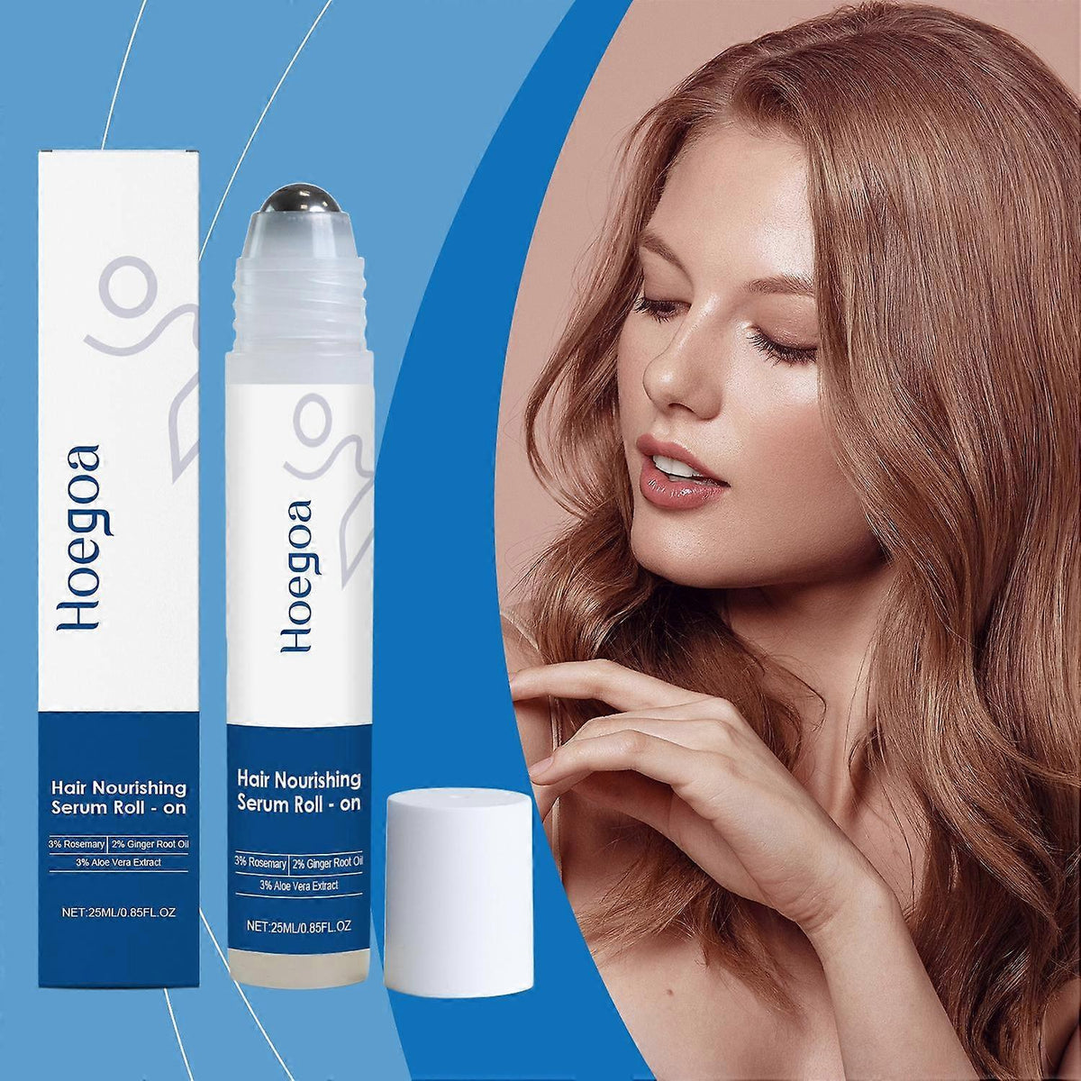 Hoegoa Hair Nourishing Serum Roll-On with model showing healthy hair