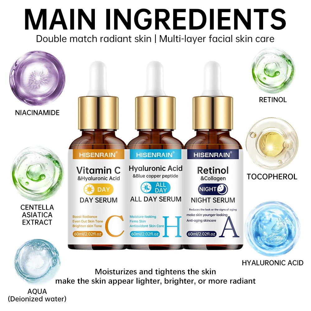 Three skincare serum bottles with their main ingredients displayed on a white background.