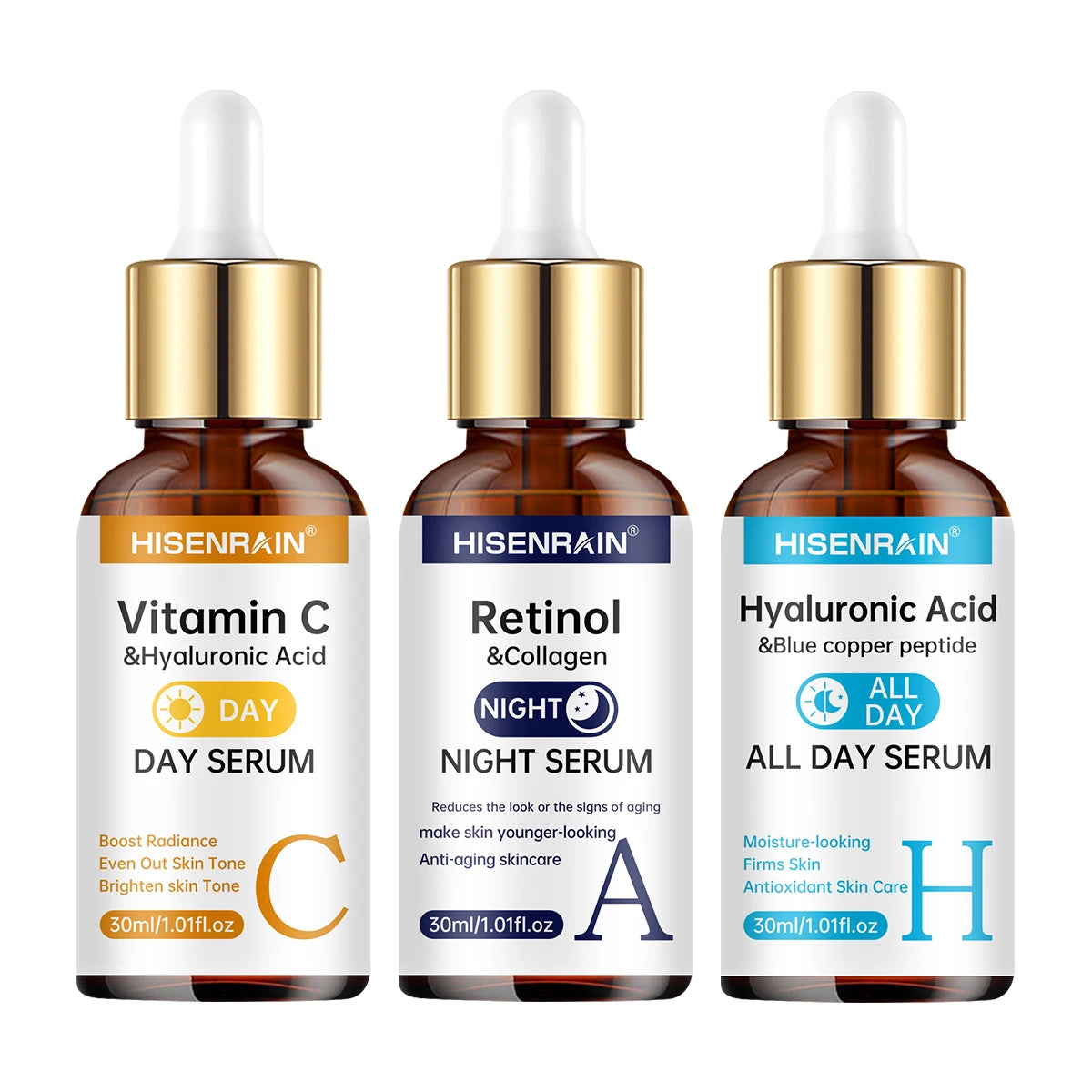 Three skincare serum bottles from HISENRAIN on a white background