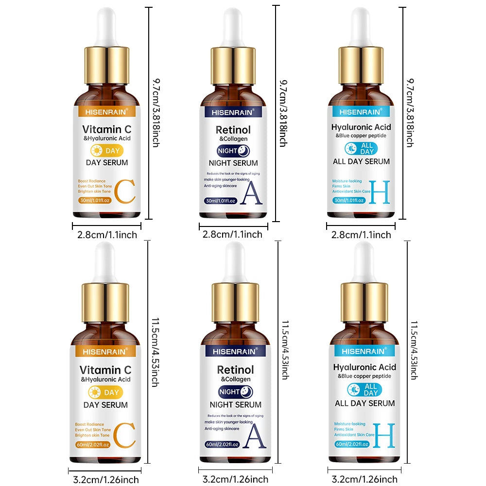 Set of six skincare serum bottles with labels and droppers, shown with dimensions on a white background.