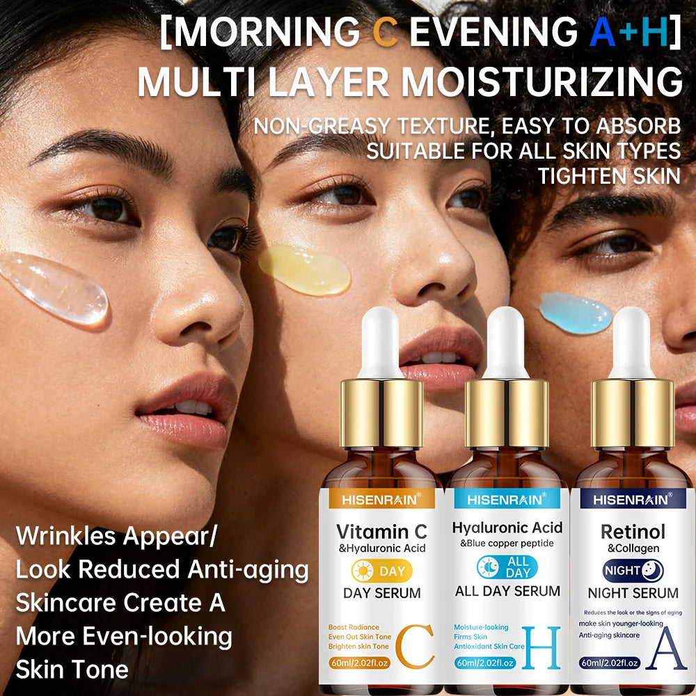 Three people with skincare products and text about a multi-layer moisturizing system.