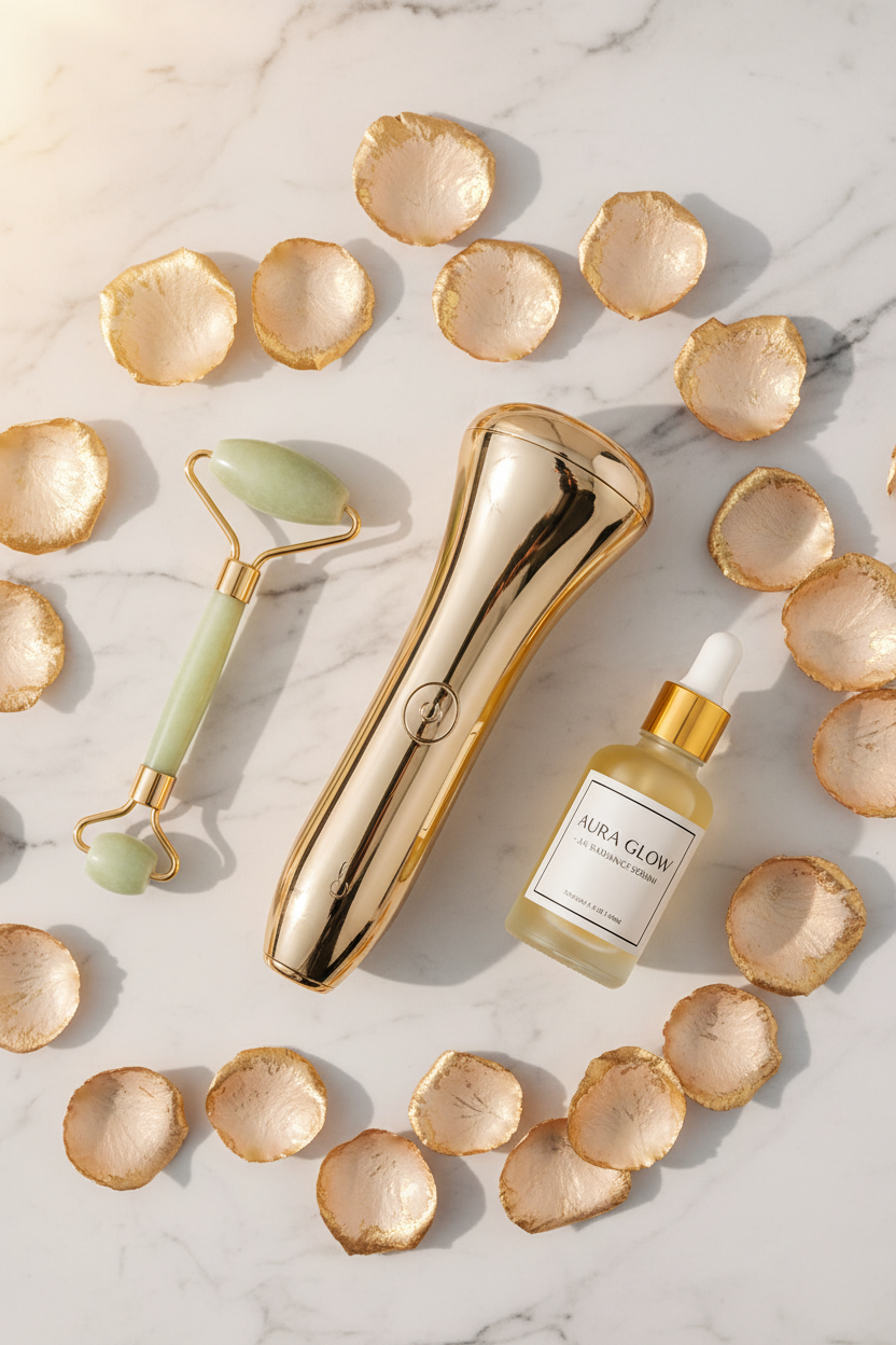 24K Gold Vibrating Face Lifter lifestyle flat lay on white marble with rose petals and serum