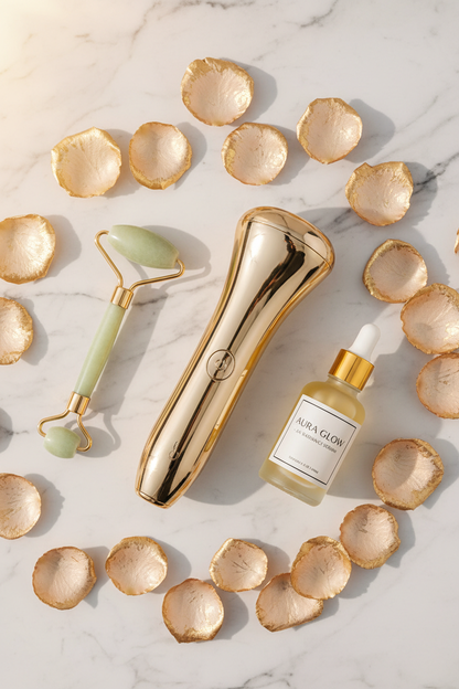 24K Gold Vibrating Face Lifter lifestyle flat lay on white marble with rose petals and serum