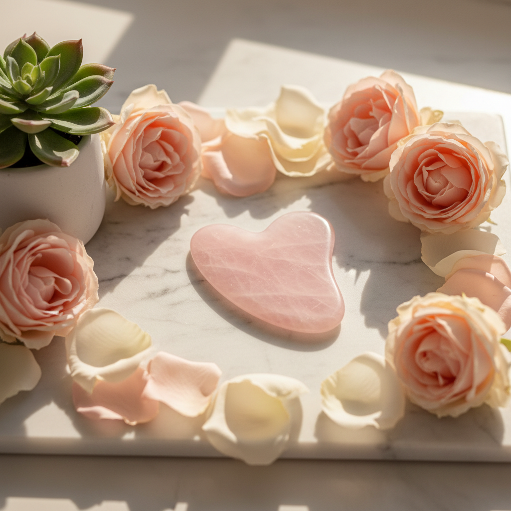 Heart-shaped rose quartz gua sha board on marble with rose petals - BareGlow