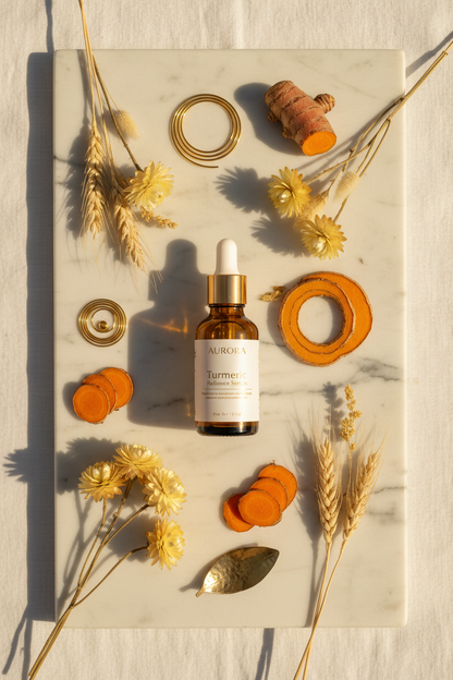 Turmeric Radiance Serum amber glass bottle lifestyle flat lay on marble with turmeric root and botanicals